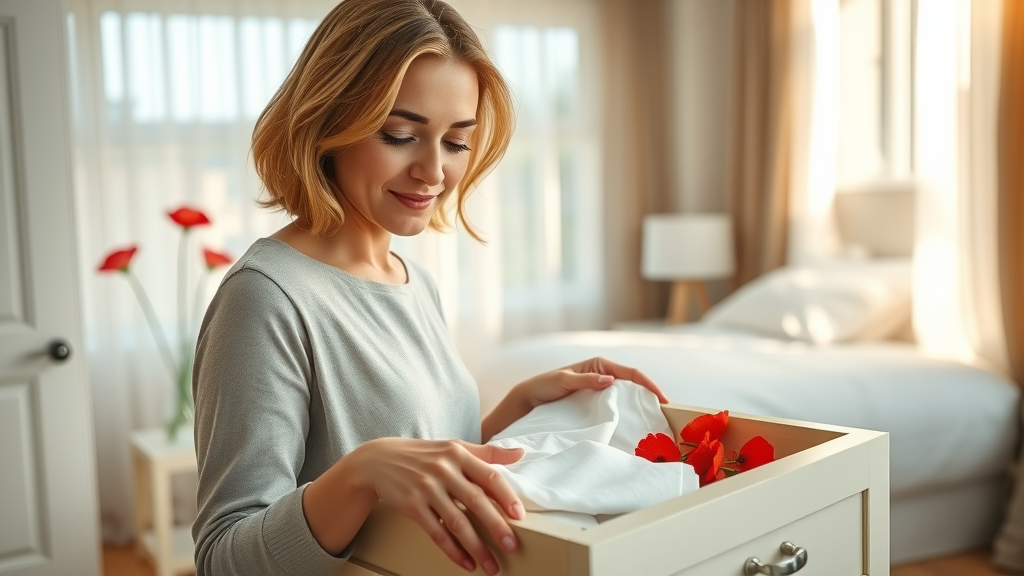 Inviting home interior with open drawers lined with poppy delight scented drawer liners, serene woman placing linen, soft natural lighting, photorealistic, delicate poppy flowers and fragrance wisps, modern bedroom