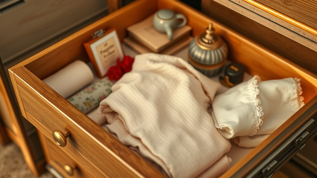 Still life dresser drawer with poppy delight scented drawer liner under clothing and keepsakes, classic wood, subtle fragrance vapor, photorealistic